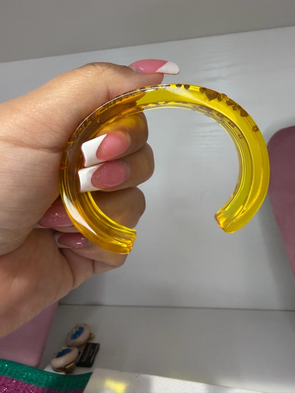 Dior Yellow Lucite Cuff with Pink Crystal Embellishments - Picture 6 of 7